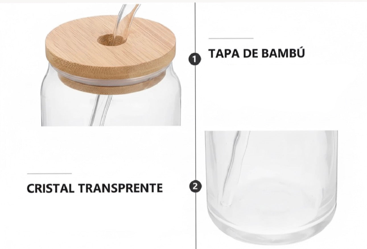 Vaso de Vidrio con Tapa de Bambú y Pajita – 350ml/550ml