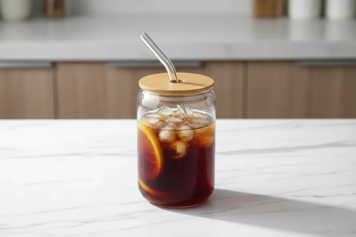 Vaso de Vidrio con Tapa de Bambú y Pajita – 350ml/550ml