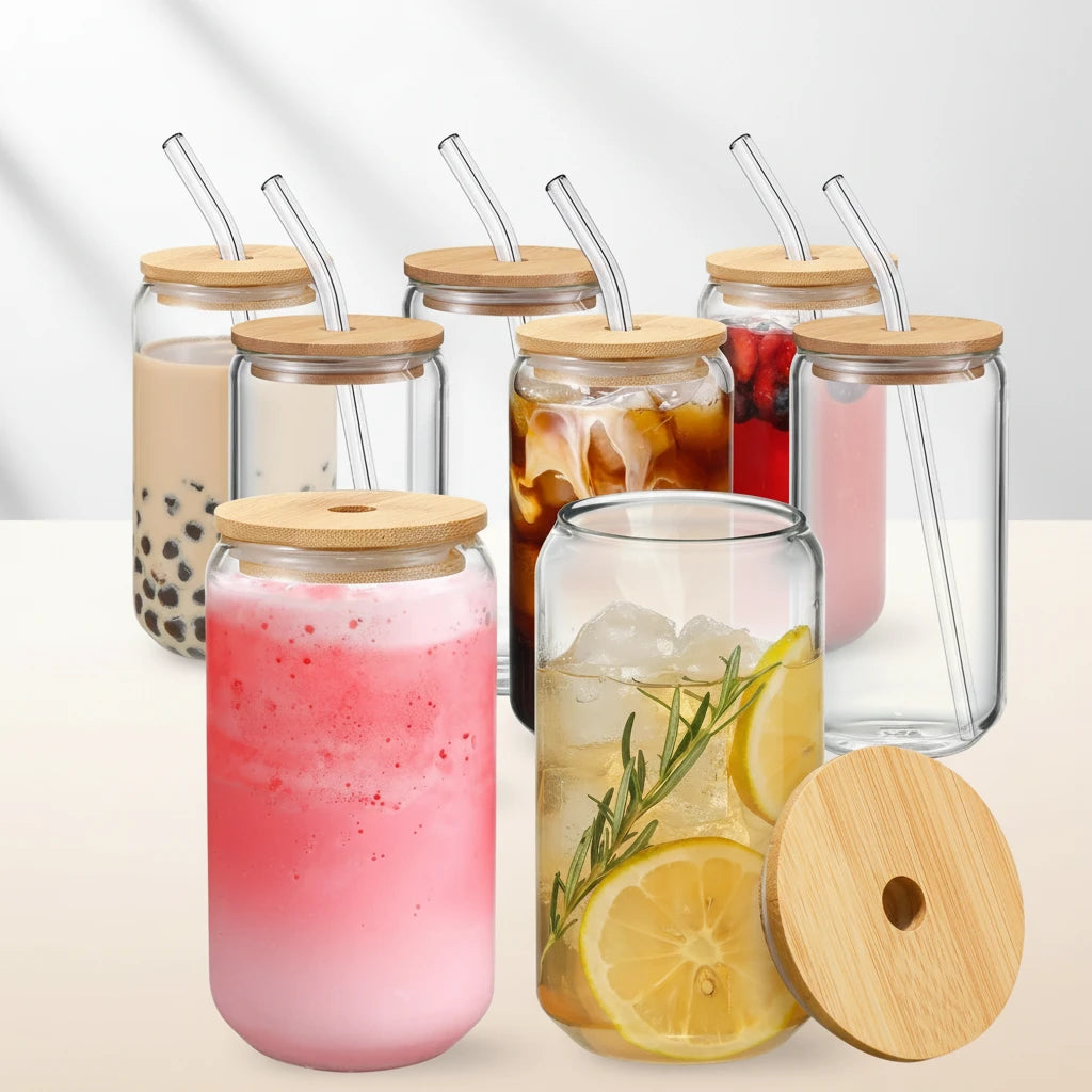 Vaso de Vidrio con Tapa de Bambú y Pajita – 350ml/550ml